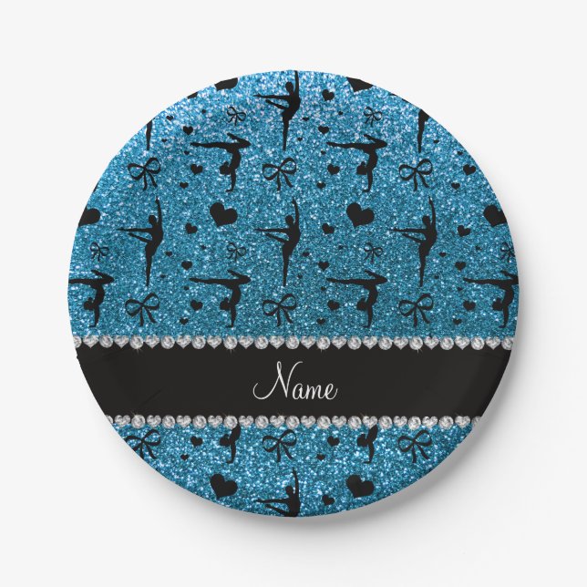 Personalised name sky blue glitter gymnastics paper plate (Front)