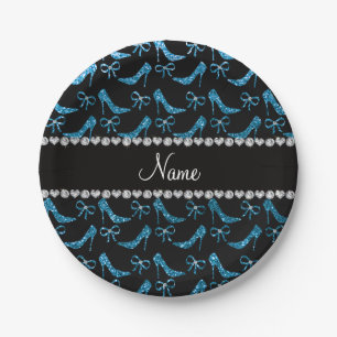 Personalised name sky blue glitter high heels bow paper plate