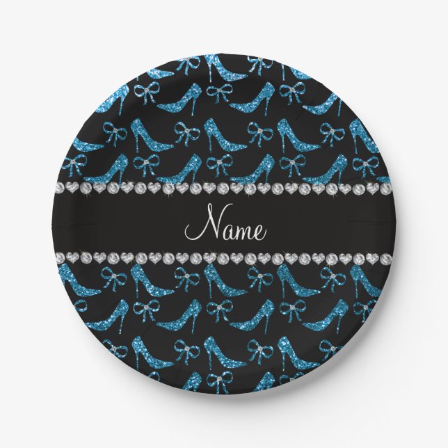 Personalised name sky blue glitter high heels bow paper plate (Front)