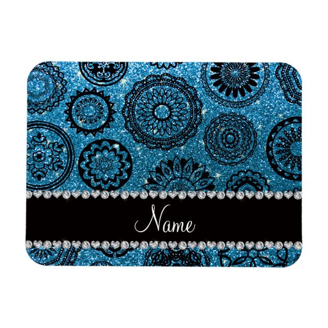 Personalised name sky blue glitter mandalas magnet (Horizontal)