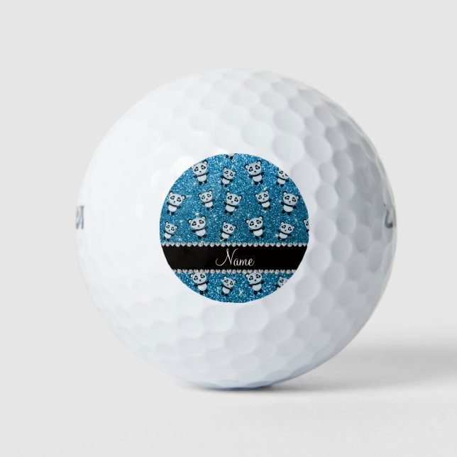 Personalised name sky blue glitter pandas golf balls (Front)