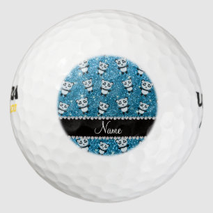 Personalised name sky blue glitter pandas golf balls