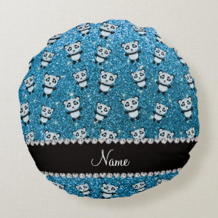 Personalised name sky blue glitter pandas round cushion