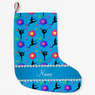 Personalised name sky blue gymnastics flowers small christmas stocking