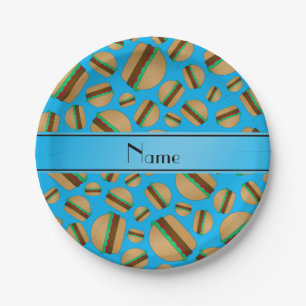 Personalised name sky blue hamburgers paper plate