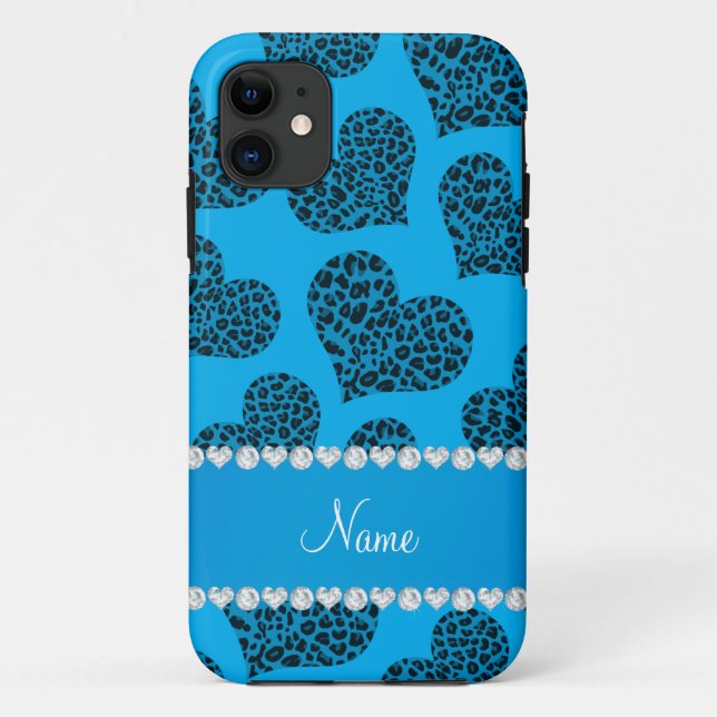 Personalised name sky blue leopard hearts Case-Mate iPhone case (Back)