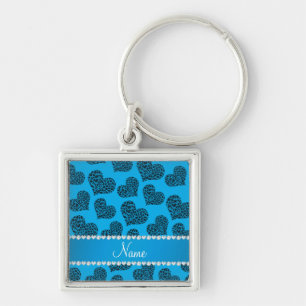 Personalised name sky blue leopard hearts key ring