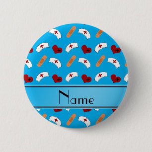 Personalised name sky blue nurse pattern 6 cm round badge