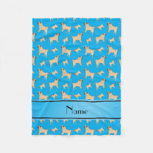 Personalised name sky blue Pug dogs Fleece Blanket