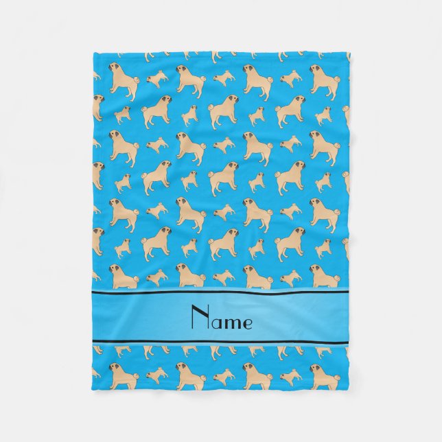 Personalised name sky blue Pug dogs Fleece Blanket (Front)