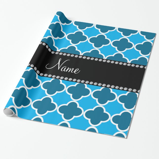 Personalised name sky blue quatrefoil pattern wrapping paper (Unrolled)
