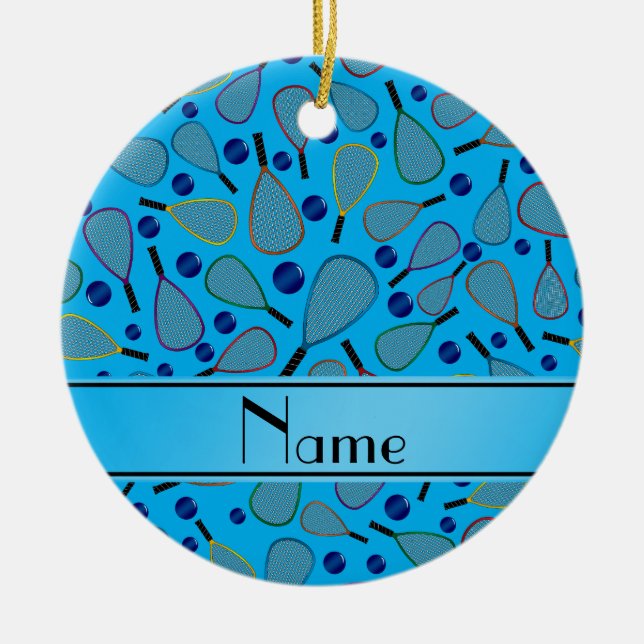 Personalised name sky blue racquetball pattern ceramic tree decoration (Front)