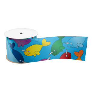 Personalised name sky blue rainbow narwhals satin ribbon