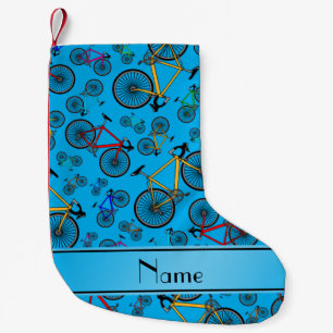 Personalised name sky blue road bikes small christmas stocking
