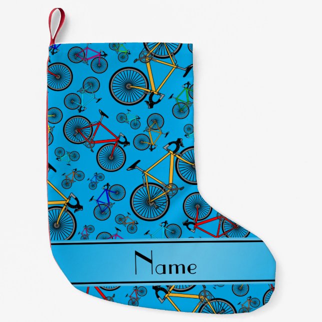 Personalised name sky blue road bikes small christmas stocking (Front)