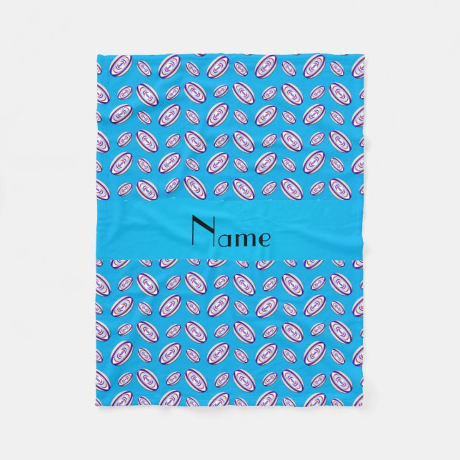 Personalised name sky blue rugby balls fleece blanket (Front)
