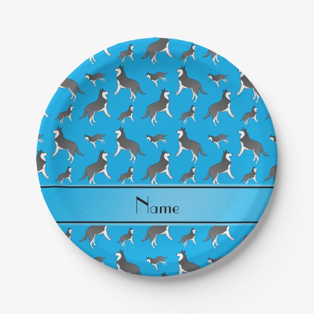 Personalised name sky blue siberian husky dogs paper plate (Front)
