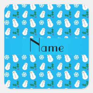 Personalised name sky blue snowman christmas square sticker