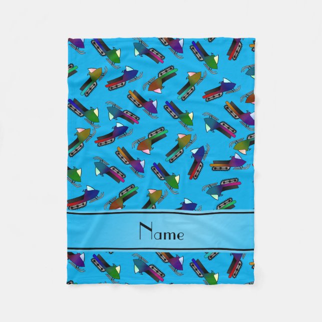 Personalised name sky blue snowmobiles fleece blanket (Front)