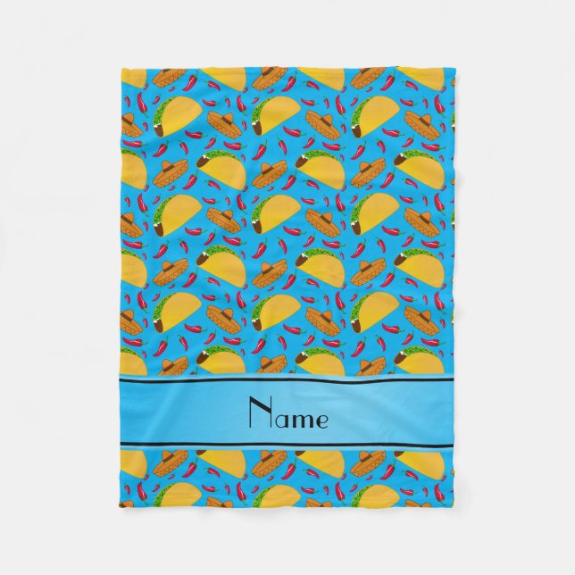 Personalised name sky blue tacos sombreros chilis fleece blanket (Front)
