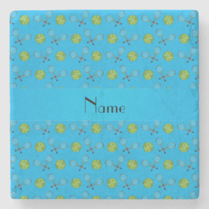 Personalised name sky blue tennis balls rackets stone coaster