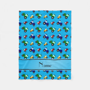Personalised name sky blue tractors fleece blanket
