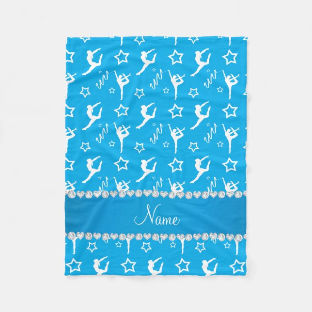 Personalised name sky blue white gymnastics stars fleece blanket (Front)