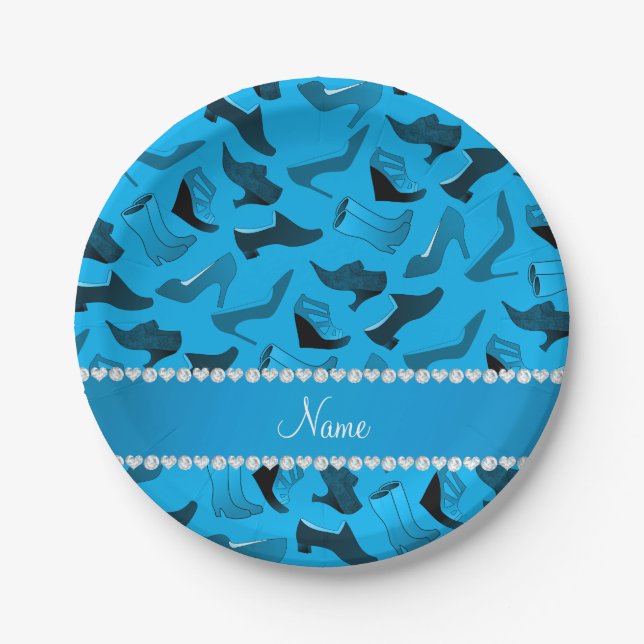 Personalised name sky blue women's shoes pattern paper plate (Front)
