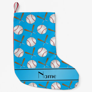 Personalised name sky blue wooden bats baseballs small christmas stocking