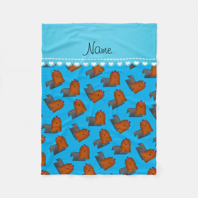 Personalised name sky blue yorkshire terriers fleece blanket (Front)