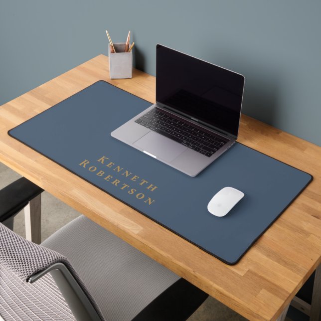 Personalised Name Slate Blue Brass Minimalist Men  Desk Mat (Office 2)