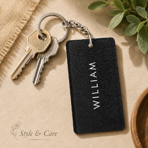 Personalised Name Sleek Black Leather Texture Key Ring