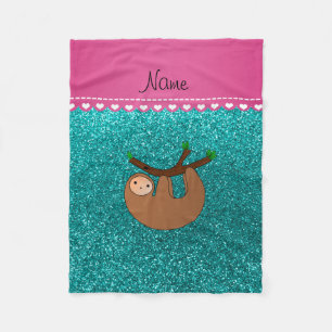 Personalised name sloth bright aqua glitter fleece blanket