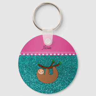 Personalised name sloth bright aqua glitter key ring