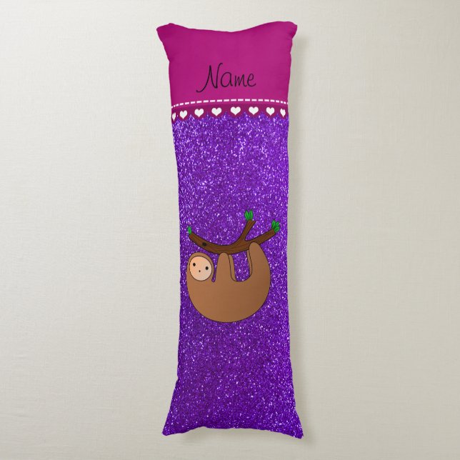 Personalised name sloth indigo purple glitter body cushion (Front Vertical)