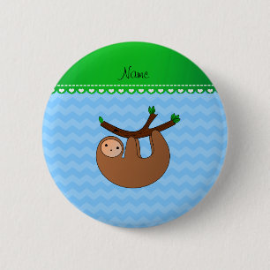 Personalised name sloth pastel blue chevrons 6 cm round badge