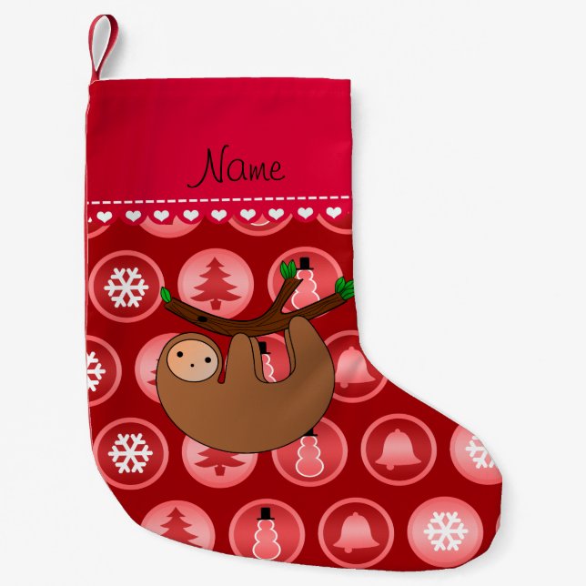 Personalised name sloth red christmas circles small christmas stocking (Front)