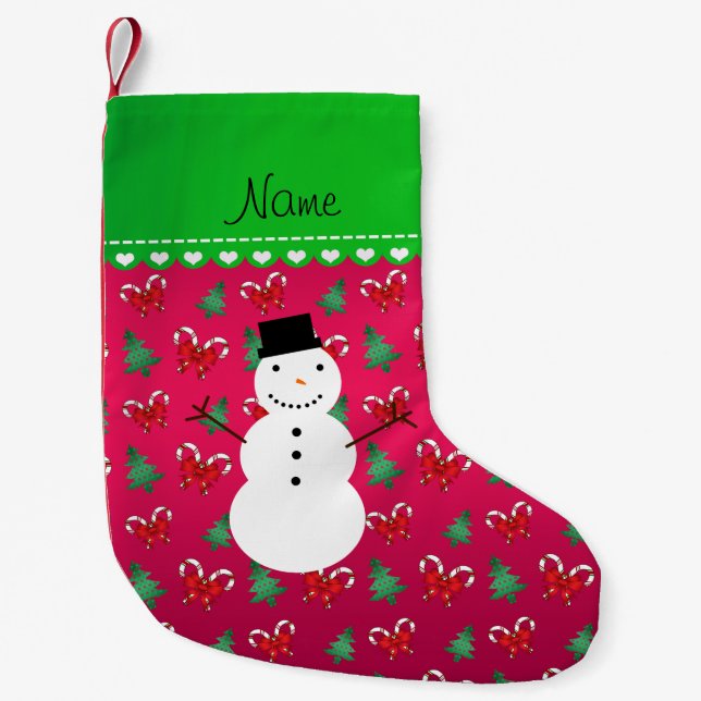 Personalised name snowman pink trees bows small christmas stocking (Front)
