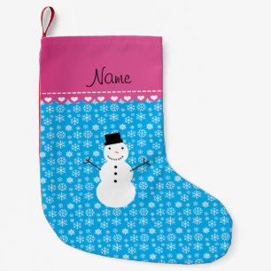Personalised name snowman sky blue snowflakes small christmas stocking