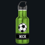 Personalised name soccer sports water bottle<br><div class="desc">Personalised monogram gift soccer sports water bottle. Green Stainles steel metallic colour. Sporty gift idea for coach, players, team mates and sports fans. Modern typography design with custom name, funny quote, slogan or monogram. Create your own unique monogrammed drink bottle. Suitable for men women and kids / children. Cute Birthday...</div>