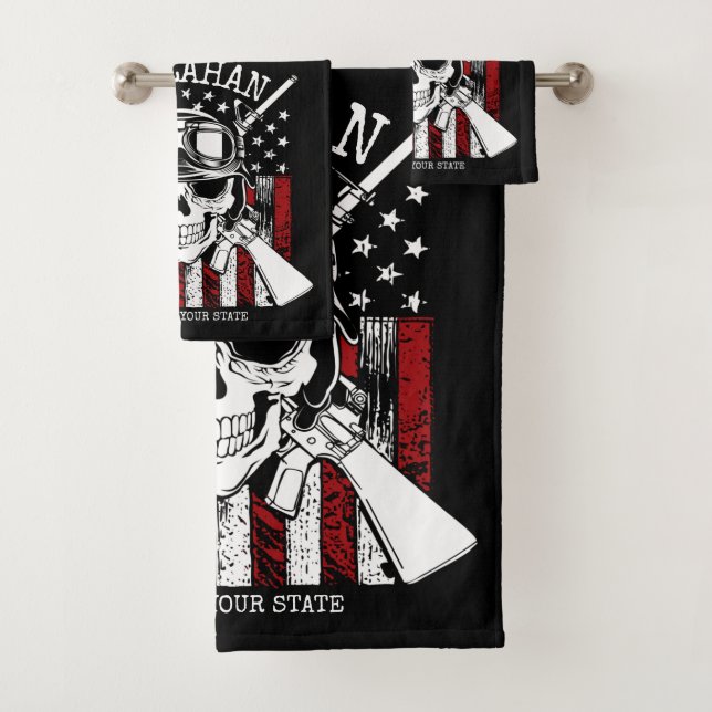 Personalised NAME Soldier Skull Dual Guns USA Flag Bath Towel Set (Insitu)