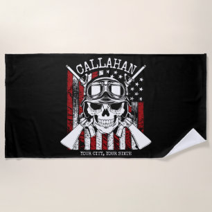 Personalised NAME Soldier Skull Dual Guns USA Flag Beach Towel
