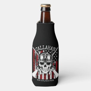 Personalised NAME Soldier Skull Dual Guns USA Flag Bottle Cooler