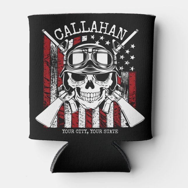 Personalised NAME Soldier Skull Dual Guns USA Flag Can Cooler (Front)