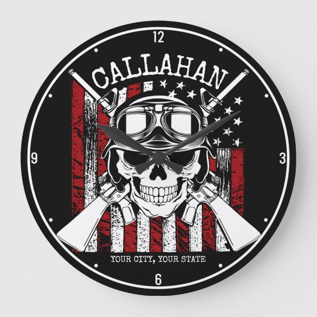 Personalised NAME Soldier Skull Dual Guns USA Flag Large Clock (Front)