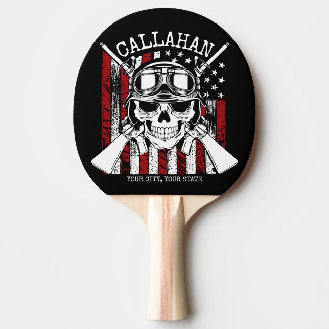 Personalised NAME Soldier Skull Dual Guns USA Flag Ping Pong Paddle (Front)