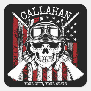 Personalised NAME Soldier Skull Dual Guns USA Flag Square Sticker