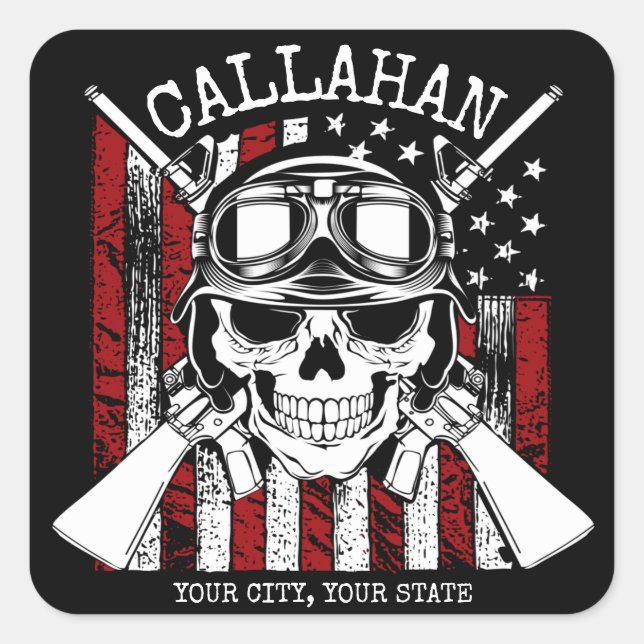 Personalised NAME Soldier Skull Dual Guns USA Flag Square Sticker (Front)
