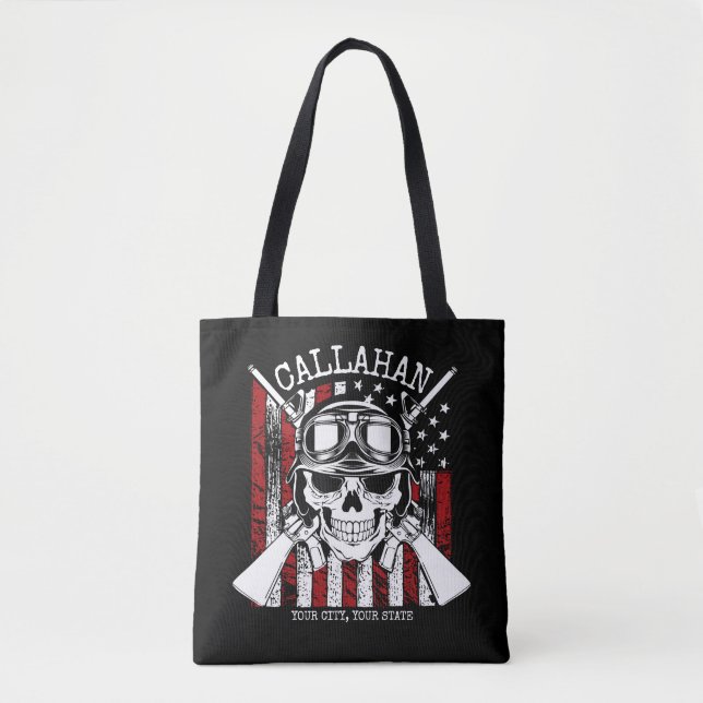 Personalised NAME Soldier Skull Dual Guns USA Flag Tote Bag (Front)