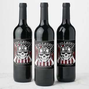 Personalised NAME Soldier Skull Dual Guns USA Flag Wine Label